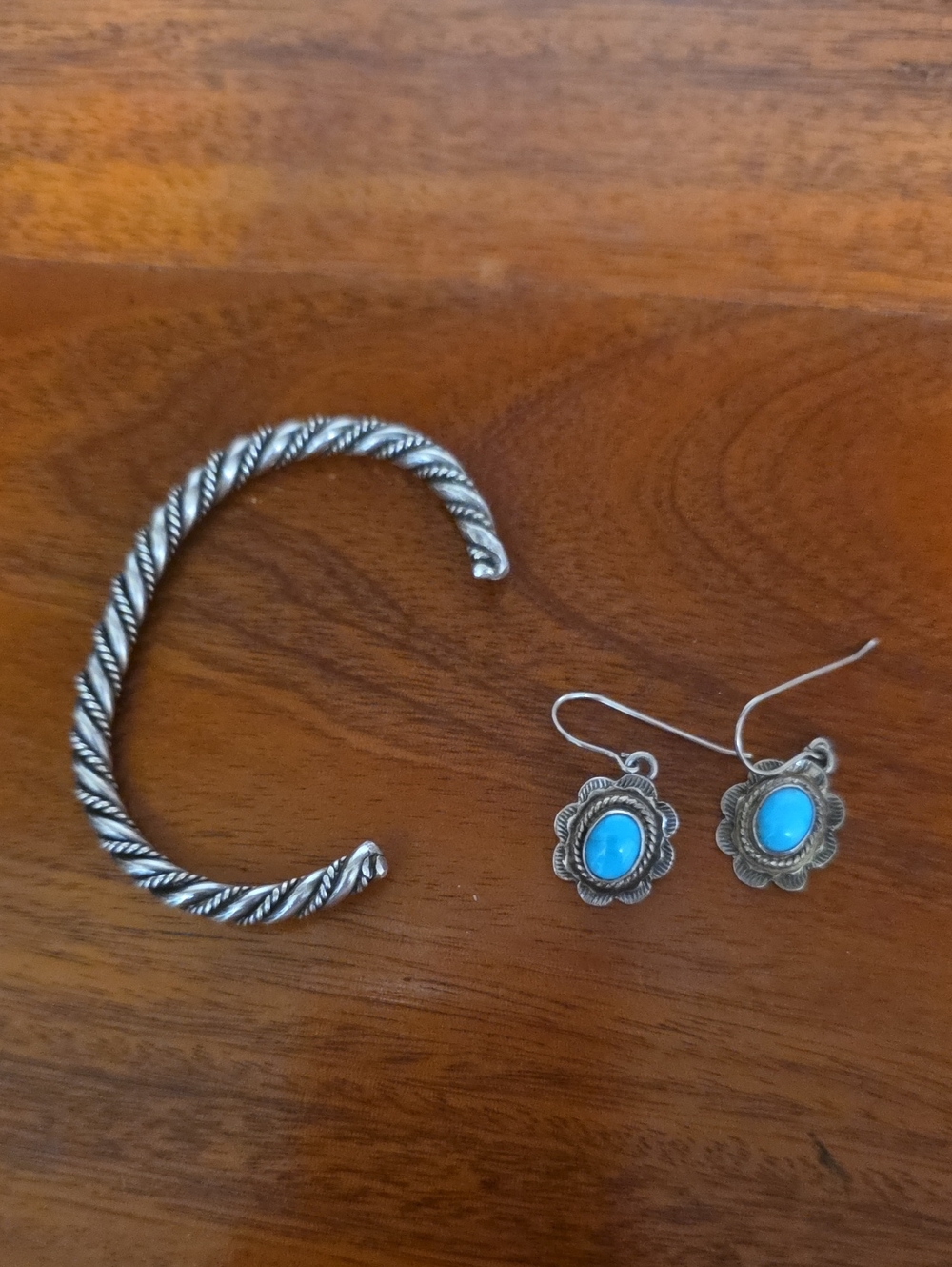 Sterling Silver Rope Cuff Bracelet and Turquoise Floral Drop Earrings